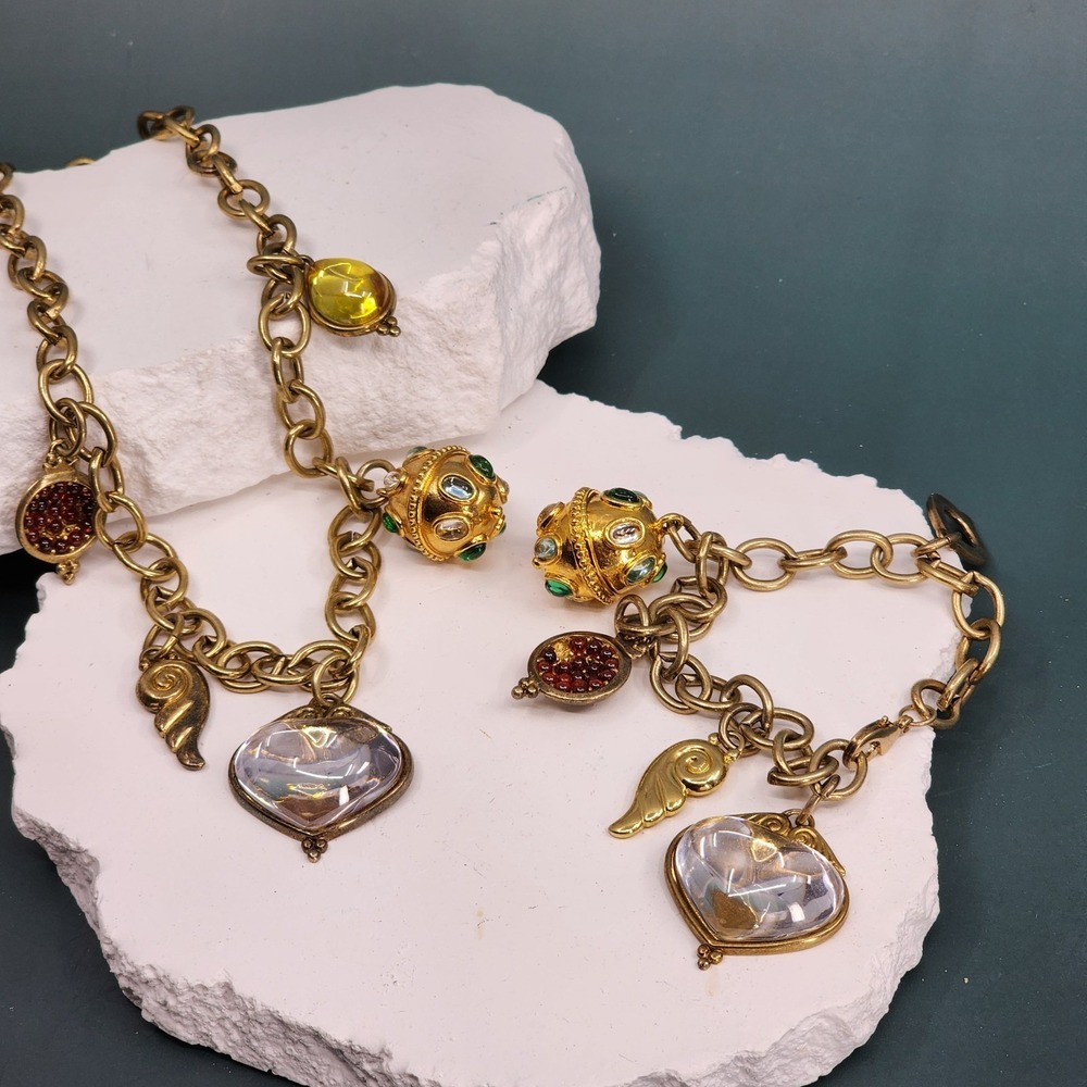Gold Tone Charm Bracelet Glass Hearts Pomegranate Wing Jeweled Beads Toggle